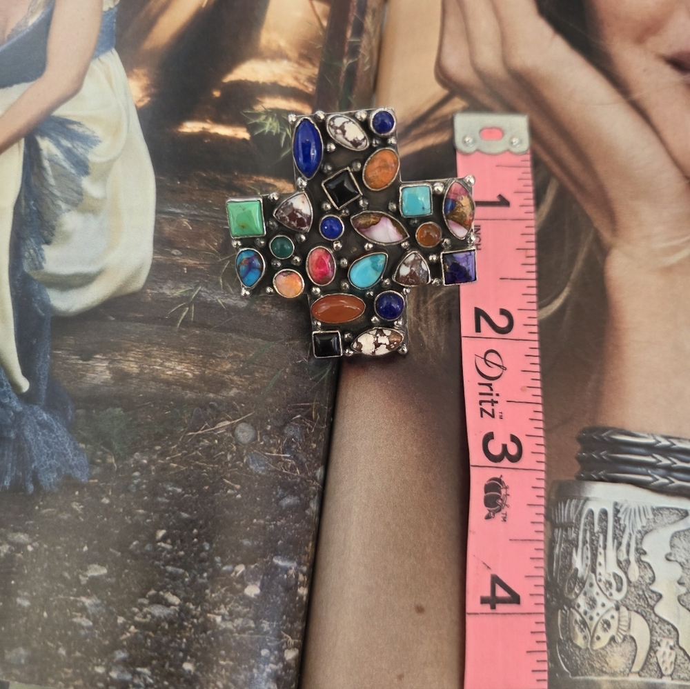 Multicolor Gemstone Cross Adjustable Ring - image 7